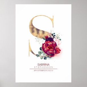 Letter S Monogram Bloemendecoratie Burgundyrood en Poster