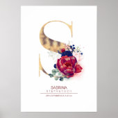 Letter S Monogram Bloemendesign Navyblauw en Borde Poster (Voorkant)