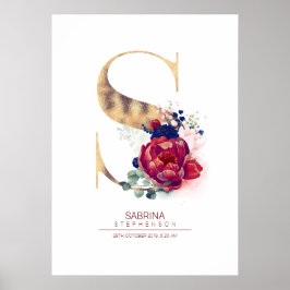 Letter S Monogram Bloemendesign Navyblauw en Burgu Poster