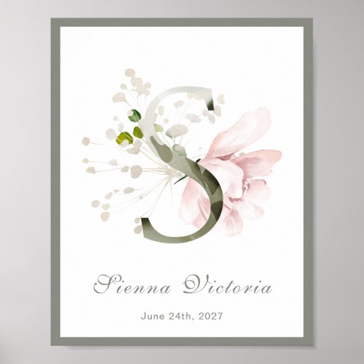 Letter S Monogram Roze Floral Nursery Poster (Voorkant)