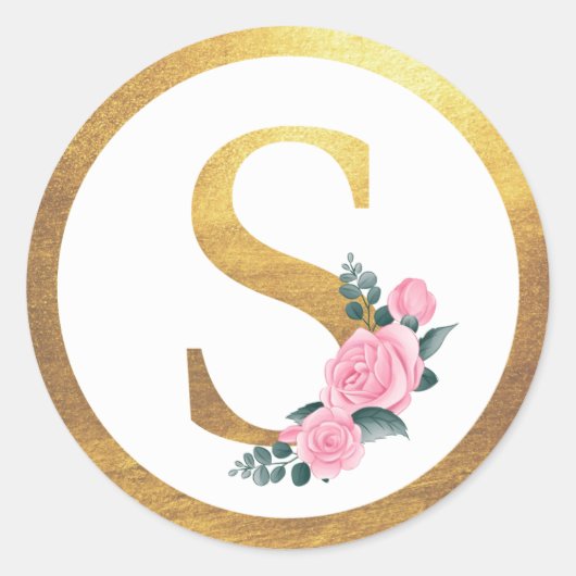 Letter S Monogram Roze Rozen Bloemen & Elegant Gou Ronde Sticker (Voorkant)
