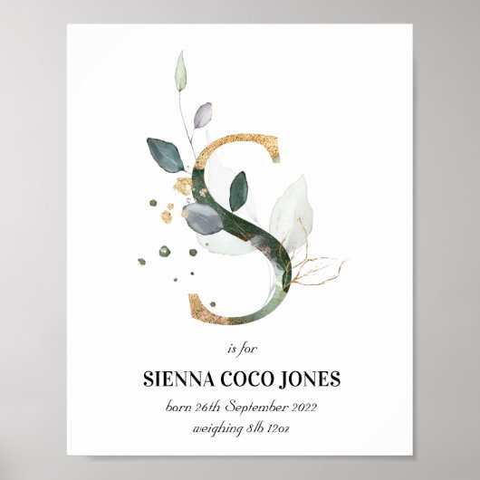 Letter S New Baby Monogram Birth Print Greenery (Voorkant)