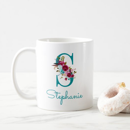 Letter S Turquoise Roze Bloem Koffiemok (Met donut)