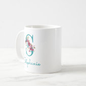 Letter S Turquoise Roze Bloem Koffiemok (Voorkant links)