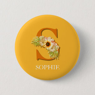 Letter S Zonnebloem Bloemige Monogram met Naam Ronde Button 5,7 Cm