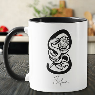 Letter S   Zwarte Monogram–Slang & Bloem Minimalis Mok