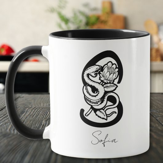 Letter S | Zwarte Monogram–Slang & Bloem Minimalis Mok