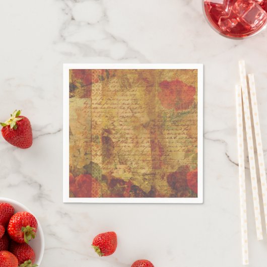 Letter Script Red Botanical Art Ephemera Servet (Insitu)