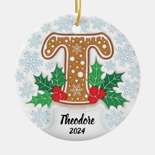 Letter T Aangepaste naam Monogram Kerstmis Keramisch Ornament (Voorkant)