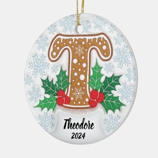 Letter T Aangepaste naam Monogram Kerstmis Keramisch Ornament (Links)