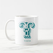 Letter T Blauwgroen Monogram Modern Naam Koffiemok (Links)