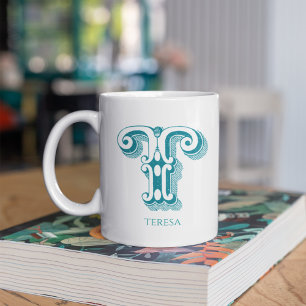 Letter T Blauwgroen Monogram Modern Naam Koffiemok