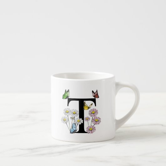Letter T Bloem Vlinder Monogram Initiaal Espresso Kop (Rechts)