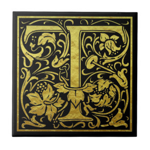 Letter T First Letter Faux Gold Black Tegeltje