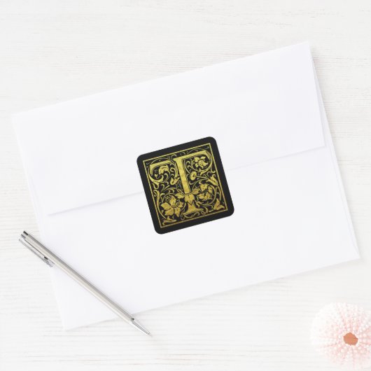 Letter T First Letter Faux Gold Black Vierkante Sticker (Envelop)