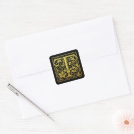 Letter T First Letter Faux Gold Black Vierkante Sticker