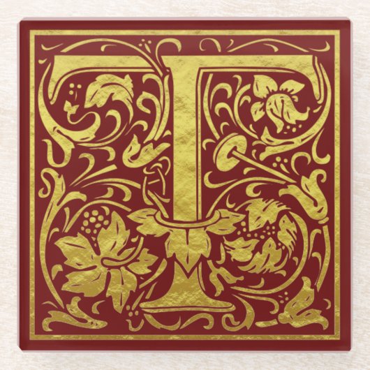 Letter T First Letter Faux Gold Red Glazen Onderzetter (Voorkant)