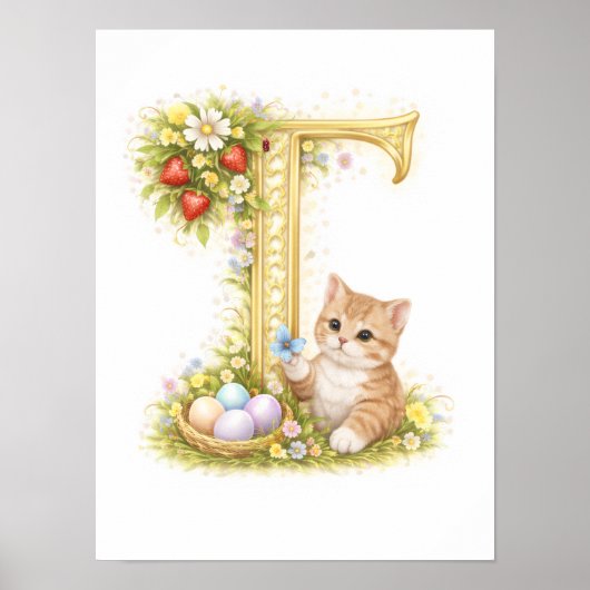 Letter T Gold Spring Nature Monogram Kitten Kids  Poster (Voorkant)