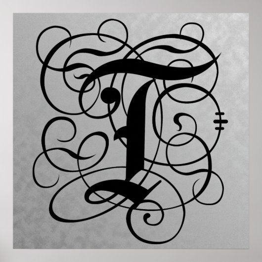 Letter T, Gothic Monogram Black Poster (Voorkant)