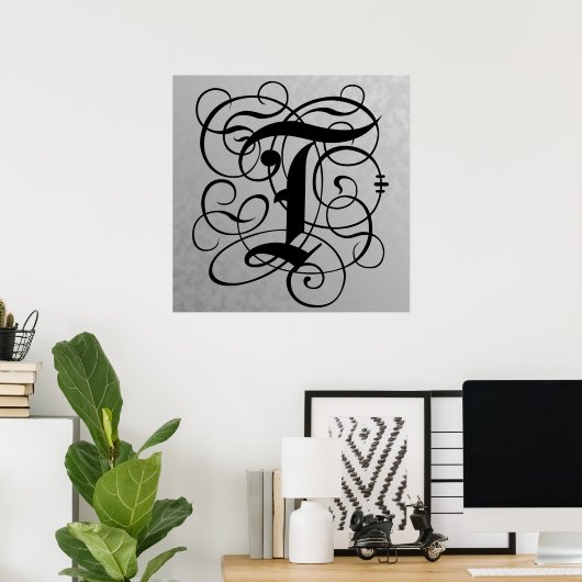 Letter T, Gothic Monogram Black Poster (Thuiskantoor)