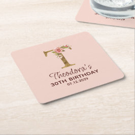 Letter T Gouden Monogram Blush Roze Rozen Kartonnen Onderzetters