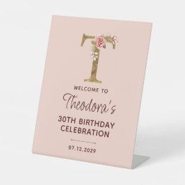 Letter T Gouden Monogram Roze Rozen Bord Reclamebord Met Voetstuk