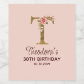 Letter T Gouden Monogram Roze Rozen Wijn Etiket (Enkel label)