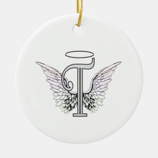 Letter T Initiaal Monogram met Angel Wings & Halo Keramisch Ornament (Voorkant)