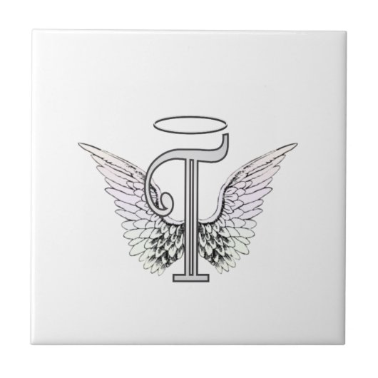 Letter T Initiaal Monogram met Angel Wings & Halo Tegeltje (Voorkant)