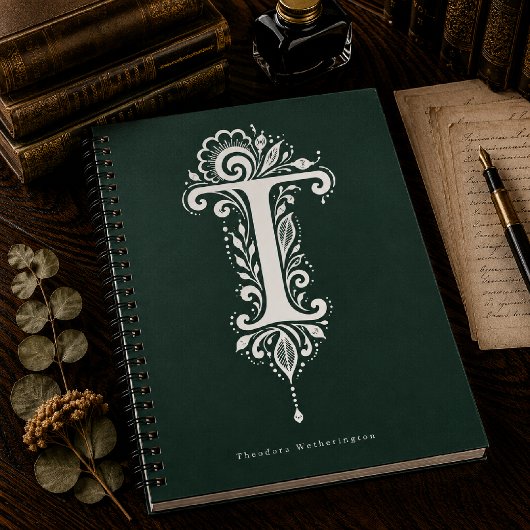 Letter T Linocut Botanische Monogram Notitieboek