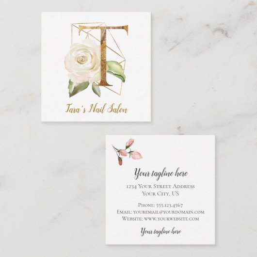 Letter T met Gold Geometric Design en Flowers Vierkante Visitekaartje (Voorkant / Achterkant)