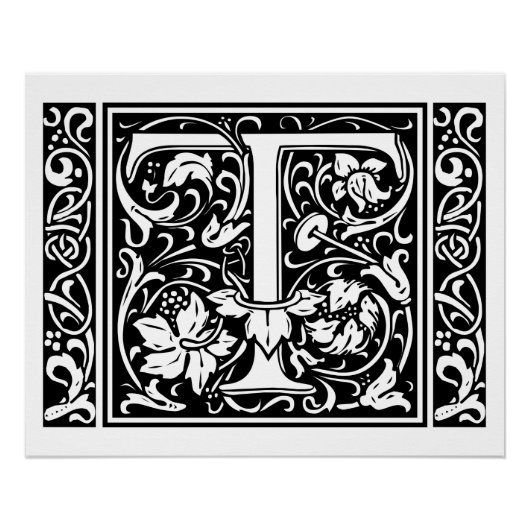 Letter T Middeleeuwse Monogram Art Nouveau Poster (Voorkant)