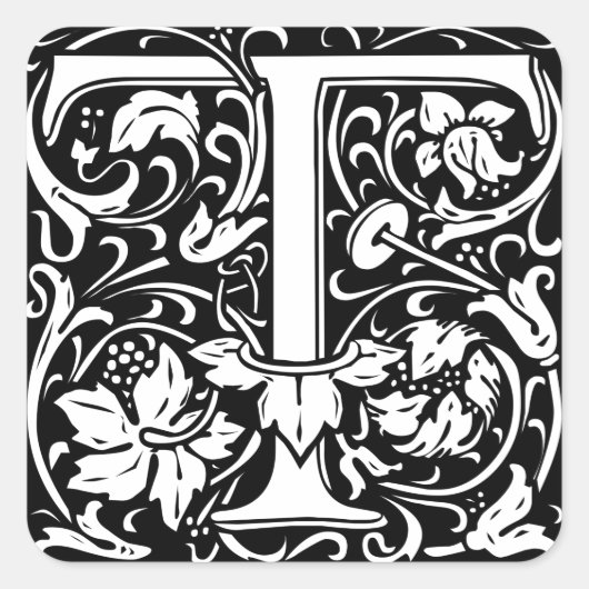 Letter T Middeleeuwse Monogram Art Nouveau Vierkante Sticker (Voorkant)