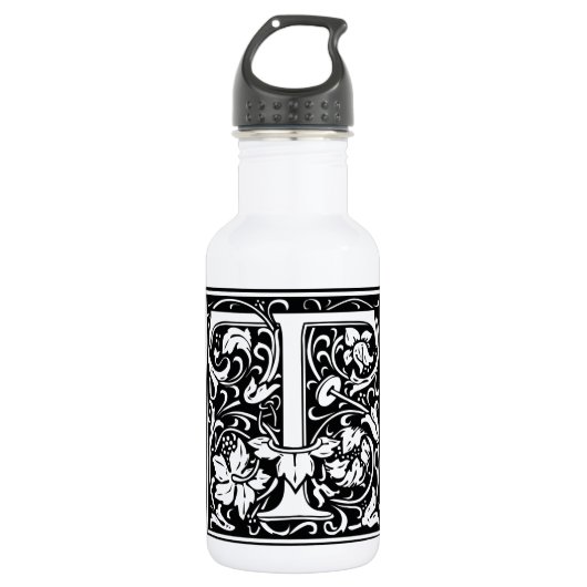 Letter T Middeleeuwse Monogram Art Nouveau Waterfles (Voorkant)