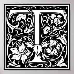 Letter T Middeleeuwse Monogram Vintage Initiaal Poster