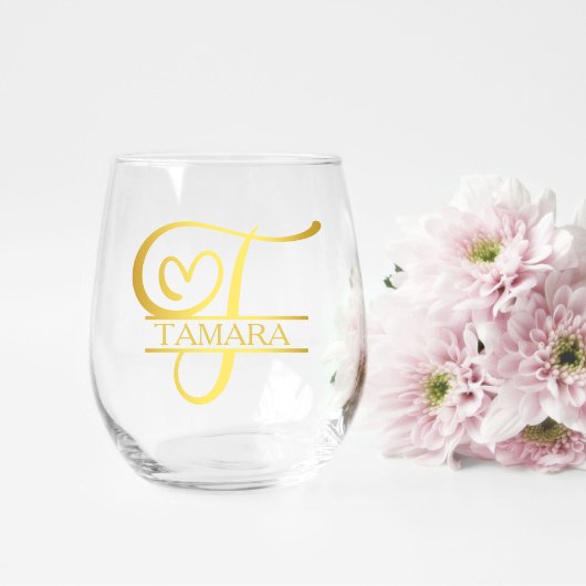 Letter T Monogram Bruidsmeisje Gift, Modern Elegan Wijnglas Zonder Voet