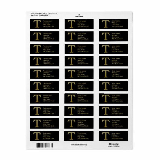 Letter T Monogram Gold Return Address Label (Full Sheet)