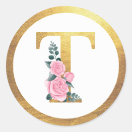 Letter T Monogram Roze Rozen Bloemen & Elegant Gou Ronde Sticker