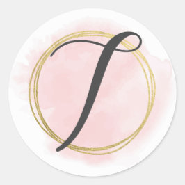 Letter T Monogram Roze Waterverf Goud Chic Ronde Sticker