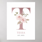 Letter T Monogram Waterverf Roos Bloemen Kinderkam Poster (Voorkant)