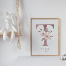 Letter T Monogram Waterverf Roos Bloemen Kinderkam