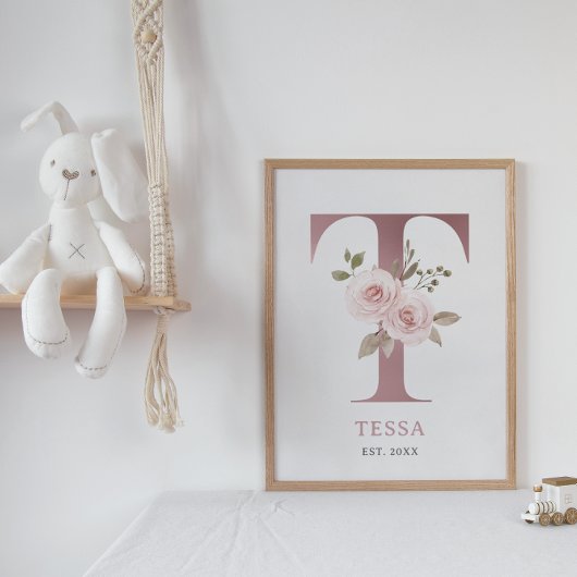 Letter T Monogram Waterverf Roos Bloemen Kinderkam Poster