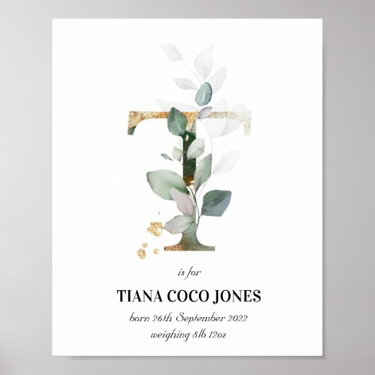 Letter T New Baby Monogram Birth Print Greenery (Voorkant)