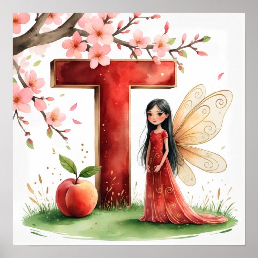 Letter T Peach Fairy Poster Chinese Alphabet Art (Voorkant)