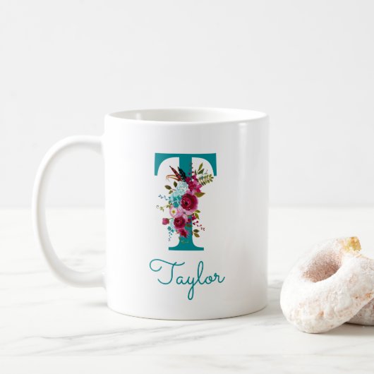 Letter T Teal Roze Bloem Koffiemok (Met donut)