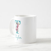 Letter T Teal Roze Bloem Koffiemok (Voorkant links)