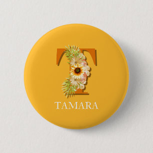 Letter T Zonnebloem Bloemige Monogram met Naam Ronde Button 5,7 Cm