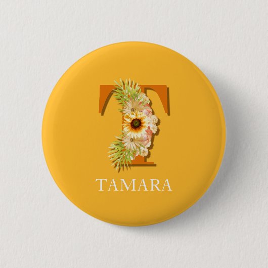 Letter T Zonnebloem Bloemige Monogram met Naam Ronde Button 5,7 Cm (Voorkant)