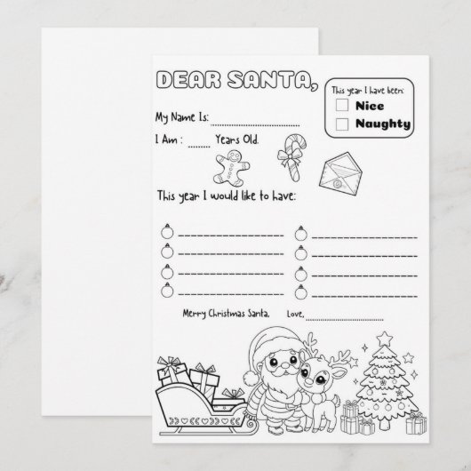 Letter to Santa Coloring Page Kaart (Voorkant / Achterkant)