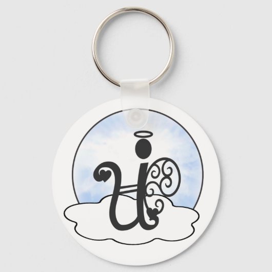 Letter U Alphabet Initiaal Monogram w Angel Clouds Sleutelhanger (Voorkant)